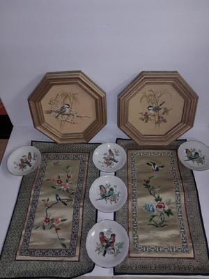 Two Vintage Chinese Silk Hand Embroidered bird and Flower textile Panels- Bird pictures and plates