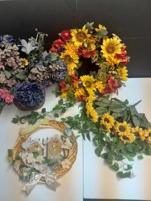 Faux Flowers, Flower Boquet in vase, Wreath, and wreath with birdhouses.