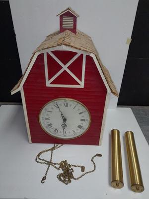 Beautiful Farm Red Barn Wall clock with West Germany clock with weights (no pendulum)