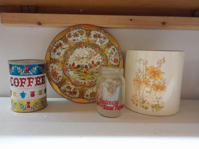 Vintage retro Folgers Butternut Coffee Can Tin Metallic Shiny Colors Bright with metal rooster bowl and more