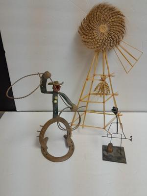 Woven wheat grass windmill, with Hardware made Horsehoe Roping cowboy.