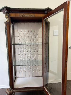 Antique Marble Top Curio Display Cabinet Tufted Interior