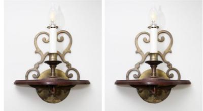 A Pair Of Vintage Brass And Wood Wall Sconces