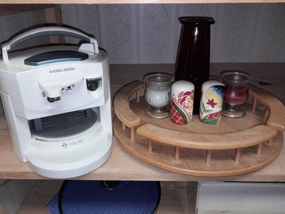 Wooden Lazy Susan with salt & pepper shakers, Black and decker jar opener and more