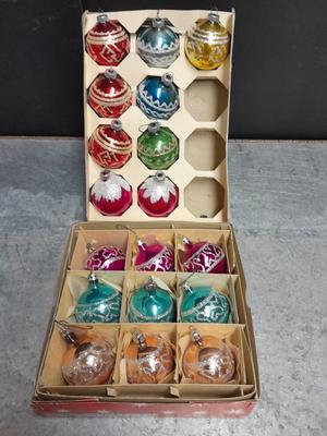 Vintage Shiny Brite Christmas Ornaments Made in USA Glittery with designs.