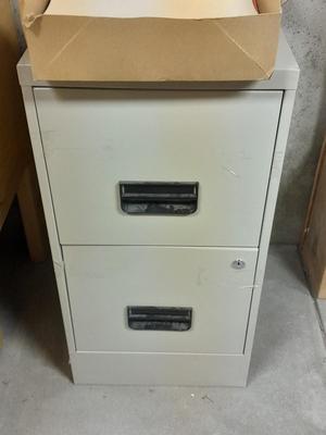 Two drawer Metal filing cabinet with folders and files