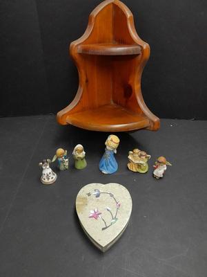 Stone heart trinket box with inlayed design, Wood corner shelf and vintage Angel collection