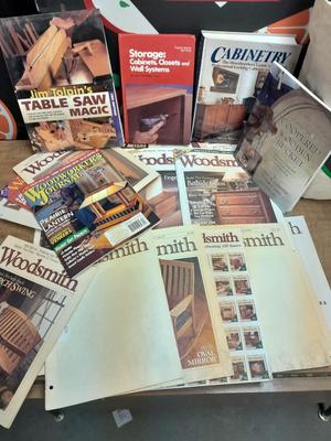 Hardback wood working books, and Woodsmith magazine back issues.