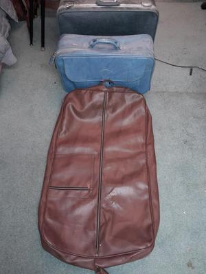 Two vintage suitcases and a leather like Garment bag Skyway & American tourist