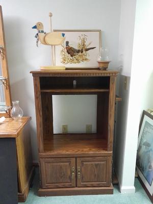 TV cabinet with Cross stitch Pheasent picture, wooden goose and candle sconce