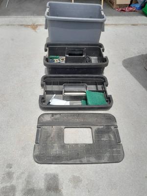 Craftsman multi-level step stool toolbox with wooden handled trowels and tools