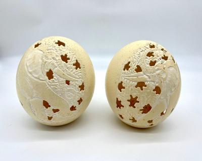 1987 Carved & Signed  Ostrich Eggs Elephants
