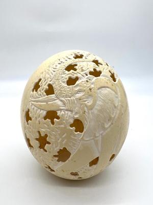 1987 Carved & Signed  Ostrich Eggs Elephants