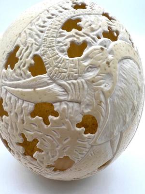 1987 Carved & Signed  Ostrich Eggs Elephants