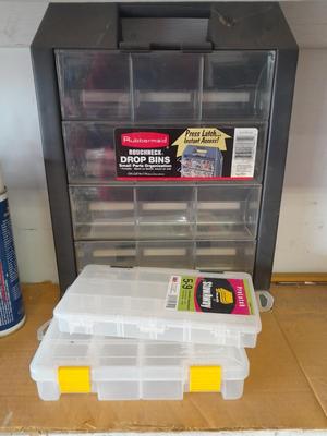 Rubbermaid Roughneck drop bins and Divided hardware / craft organizers