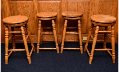 Set Of Four Wooden Swivel Stools