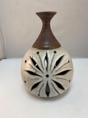 Vintage MCM Retro Star Flower Cut Out Pattern Thrown Art Pottery Vase Signed Artist Victoria Littlejohn