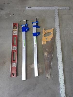 Aluminum bar Clamps, hand saw, level and metal T
