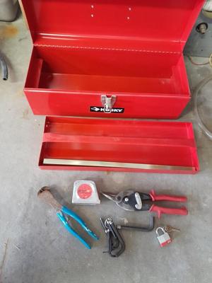 Husky toolbox with tray and a grouping of hand tools