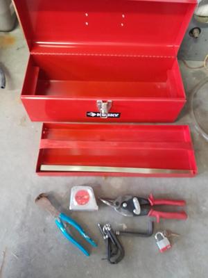 Husky toolbox with tray and a grouping of hand tools