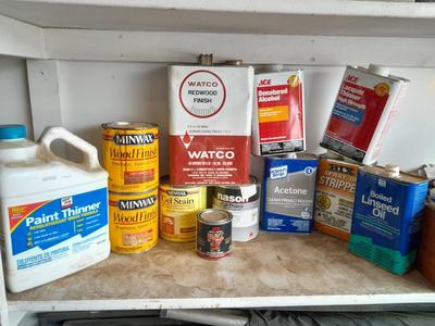 Variety of household painting chemicals acetone, stains, stripper and more