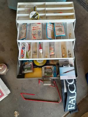 FISHING - tackle box with some tackle and fishing pole cloth sleeve cover