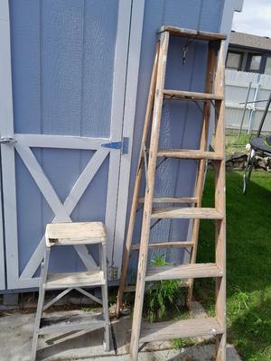Two ladders, one wooden one smaller metal