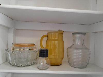 Vintage yellow glass pitcher, jar, and other glass Kitchen items