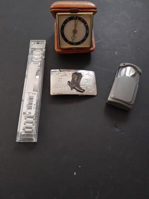 Vintage metal belt buckle with boots, Vintage Linden Black Forest travel alarm clock and watch band