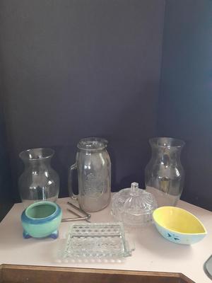 Kitchen glassware, butter dish, jar pitcher and more
