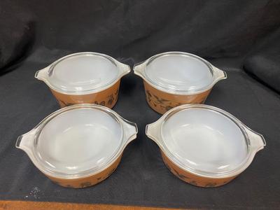 Set of Four Vintage Pyrex Lidded Casserole Dishes 471 473 Brown & Gold Early American Pattern