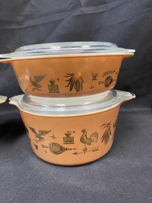 Set of Four Vintage Pyrex Lidded Casserole Dishes 471 473 Brown & Gold Early American Pattern