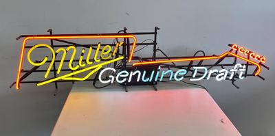 LOT 70: Vintage Miller Genuine Draft Neon Guitar Beer Sign - Working