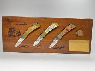 Military Folding Knife Set World War II 50 Year Commemorative 1939-1945 Iwo Jima Memorial
