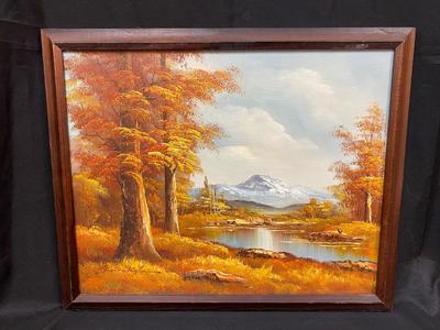 Large Vintage Autumn Forest with Mountain View Oil Painting Signed