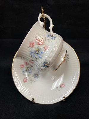 Royal Minster Bone China Teacup and Saucer Ribbed with Pink and Blue Flowers