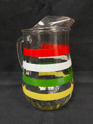 Retro Red White Green Yellow Mod Color Striped Ribbed Glass Iced Tea Water Pitcher