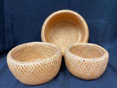 Set of Three Nesting Rattan Reed Grass Woven Basket Bowls