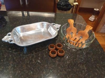 PEWTER SERVING TRAY, WOOD NAPKIN HOLDERS & GLASS BOWL WITH SALAD UTENSILS