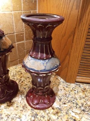 2 CLAY PILLAR CANDLE HOLDERS