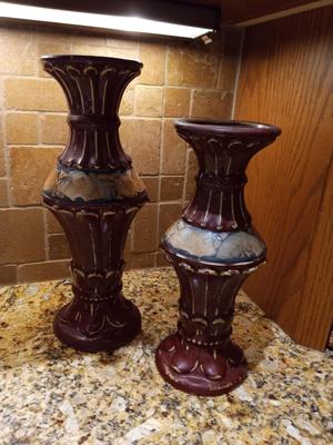 2 CLAY PILLAR CANDLE HOLDERS