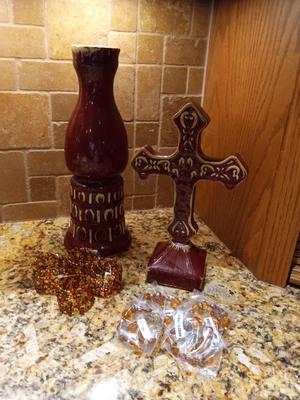 CLAY DECORATIVE CROSS, CANDLE HOLDER AND 2 SETS OF BEADED NAPKIN HOLDERS