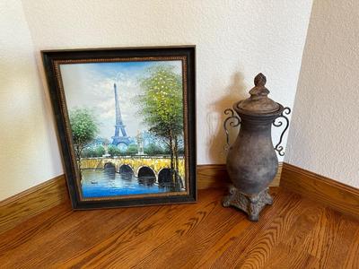 LARGE URN AND A SIGNED OIL PAINTING