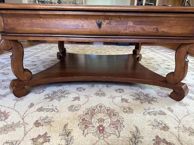 VERY NICE LEATHER TOP SQUARE COFFEE TABLE WITH A LARGE DRAWER
