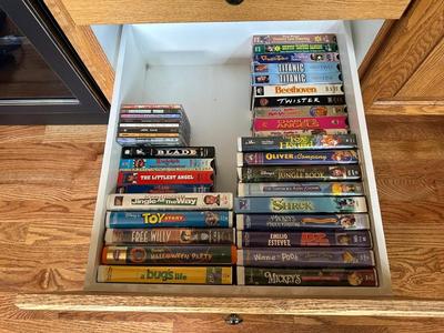 DISNEY AND OTHER VHS TAPES, GE VHS PLAYER AND MORE