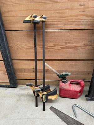 BAR CLAMPS, SAW HORSES, GAS CAN, EXTENSION CORD AND MORE