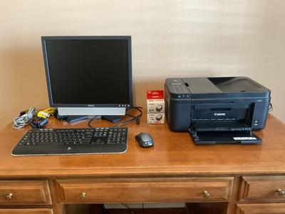 Dell screen, Keyboard, Cordless Mouse and Canon Printer