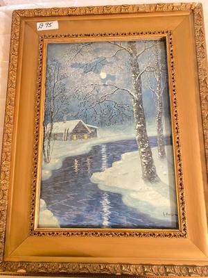 Beautiful Gold Framed Print. All wood frame.  Winter Scene.  G. Sether Artist