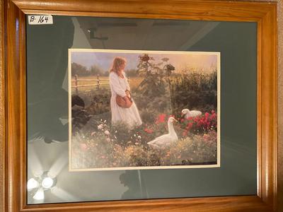 Oak Wood Framed Double Matted Young Woman and Geese in Field Print