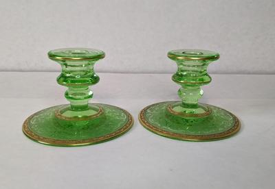 Uranium Glass Floral Depression Glass Candlestick Holders